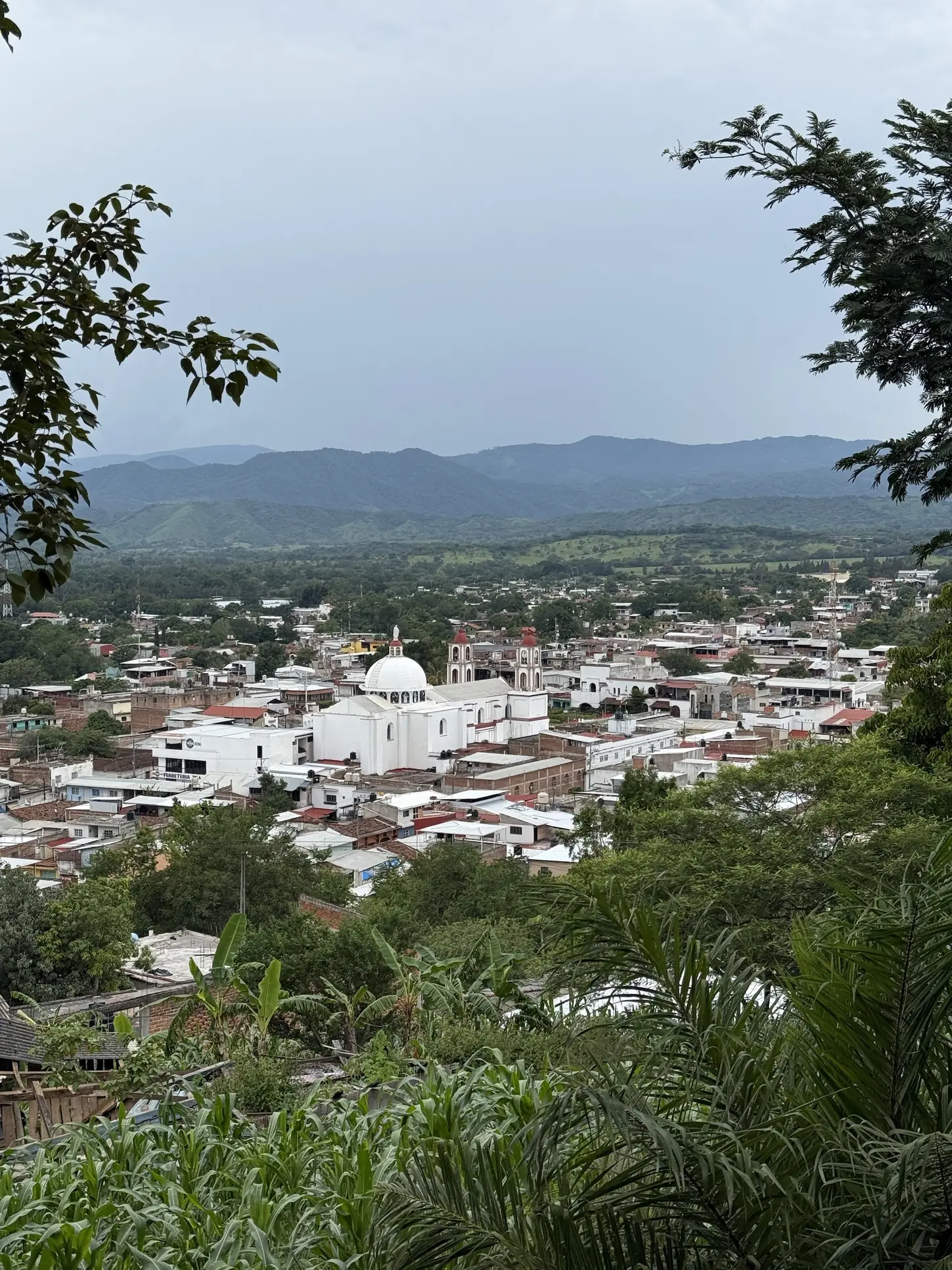 Coalcomán from above: a white church with a dome and two towers among rooftops, green hills behind